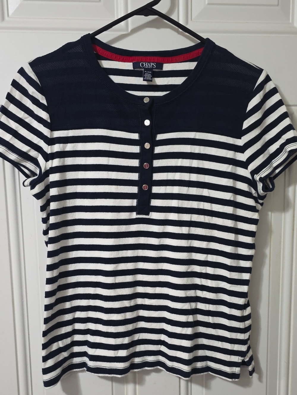 Chaps Navy and White Striped Short Sleeve Henley Top